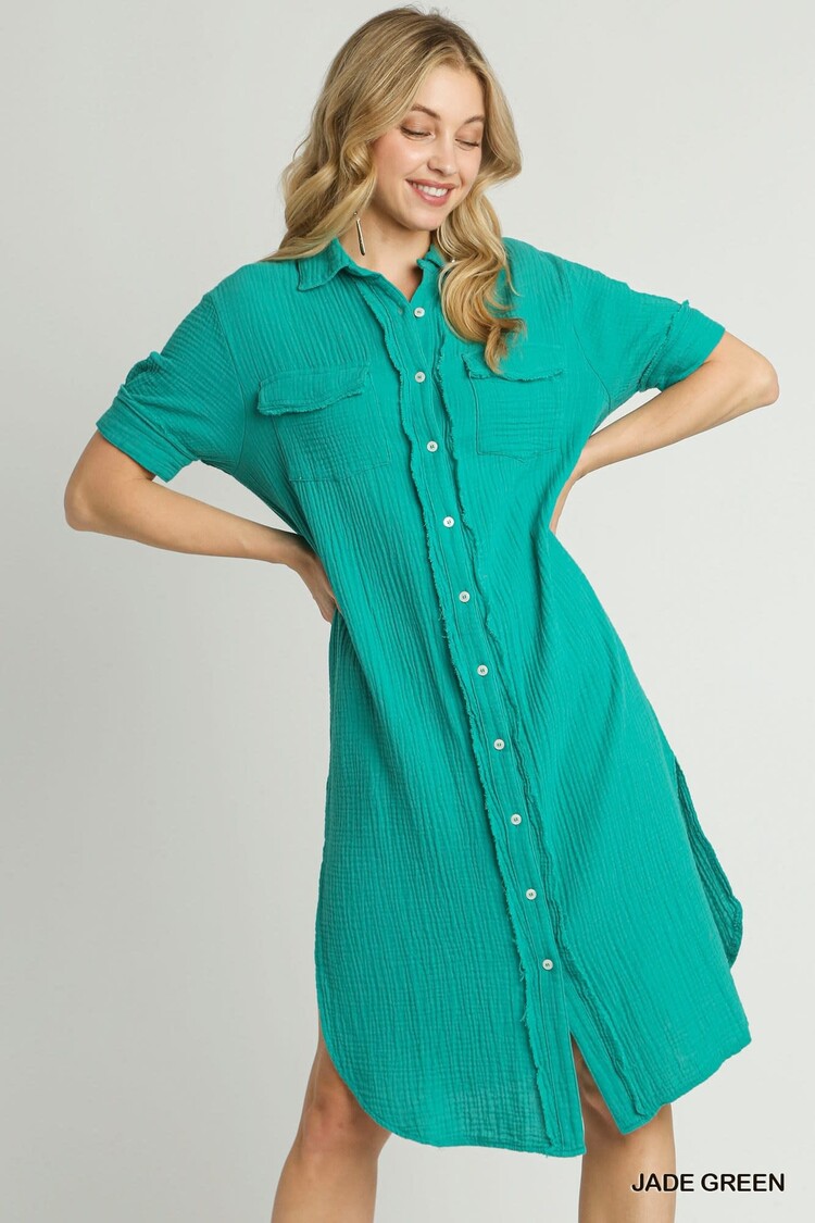Umgee Button Up Cotton Gauze Midi Dress with Pocket Details Jade Green S