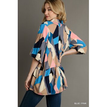 Umgee Button Down Collared Tunic Top Blue / Pink S