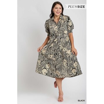 Umgee Paisley Print V-Neck Collared Tiered Dress with Puff Sleeves, & Smocked Cuffs Black L