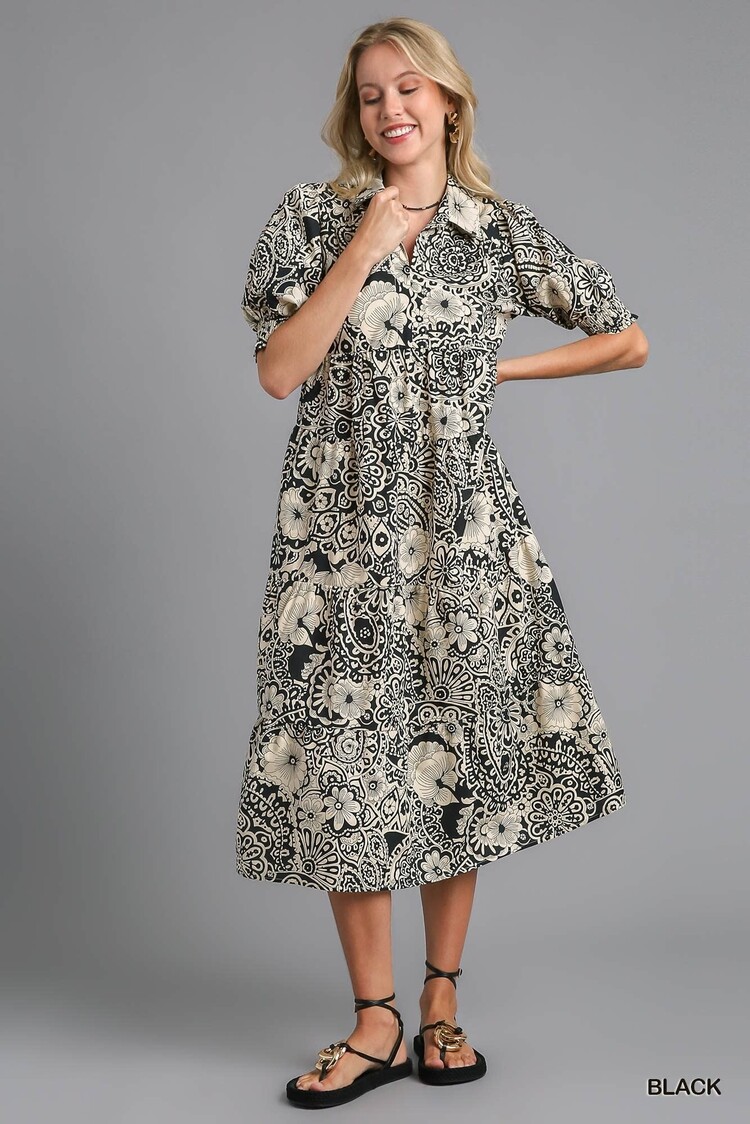 Umgee Paisley Print V-Neck Collared Tiered Dress with Puff Sleeves, & Smocked Cuffs Black L