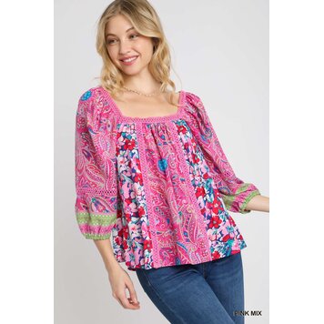 Umgee Square Neck Mixed Print Boxy Cut Top with 3/4 Balloon Sleeves & Lace Trim Detail Pink Mix S