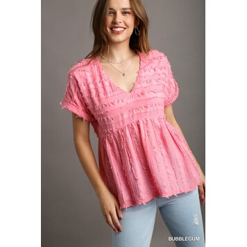 Umgee Texture Fabric V-Neck Baby Doll Top with Short Folded Sleeve Bubblegum S