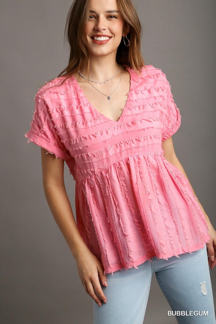 Umgee Texture Fabric V-Neck Baby Doll Top with Short Folded Sleeve Bubblegum S