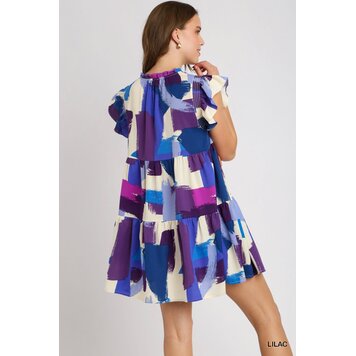 Umgee Large Brushstroke Print Smocked Flutter Sleeve Dress