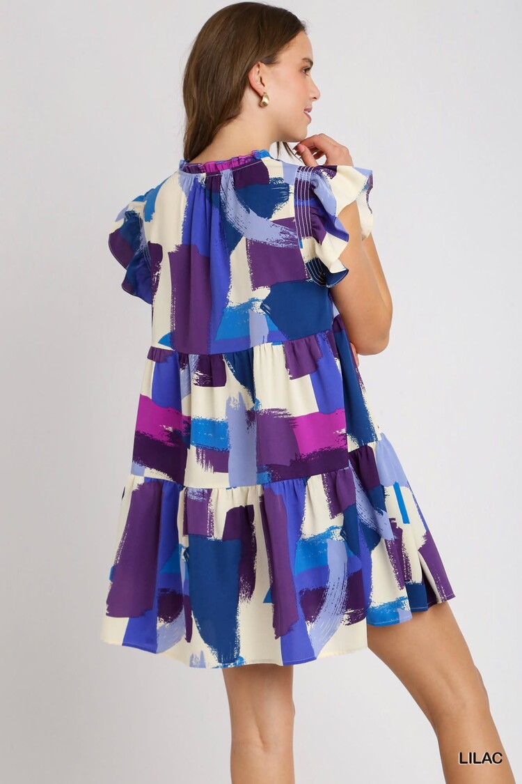 Umgee Large Brushstroke Print Smocked Flutter Sleeve Dress