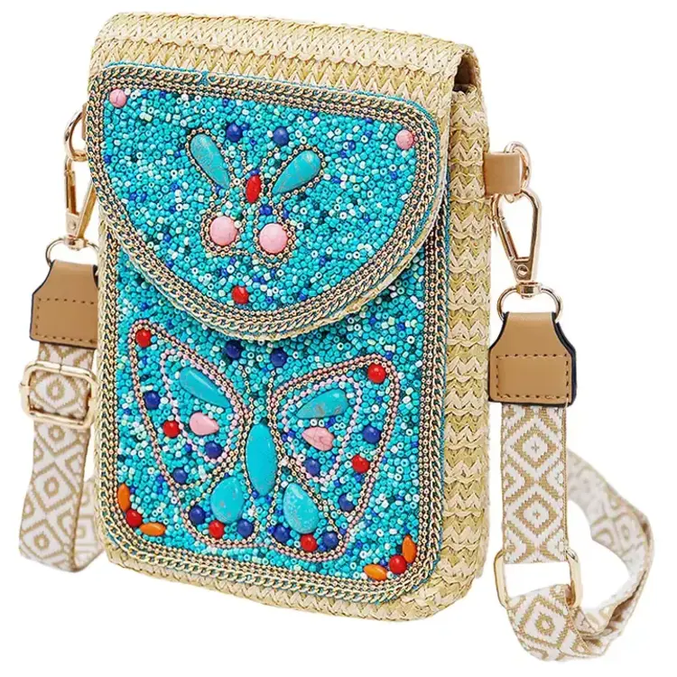Cap Zone Butterfly Bohemian Artisan Beaded Crossbody Bag Turquoise