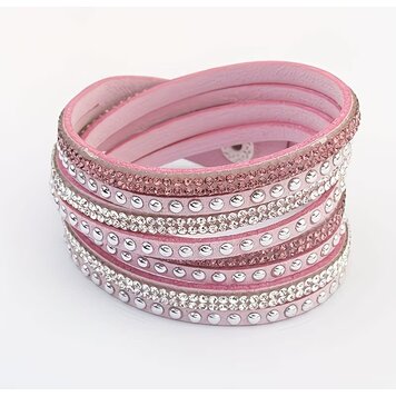 Pink - Multi layer Faux Leather Bracelet with Sparkling Rhinestones