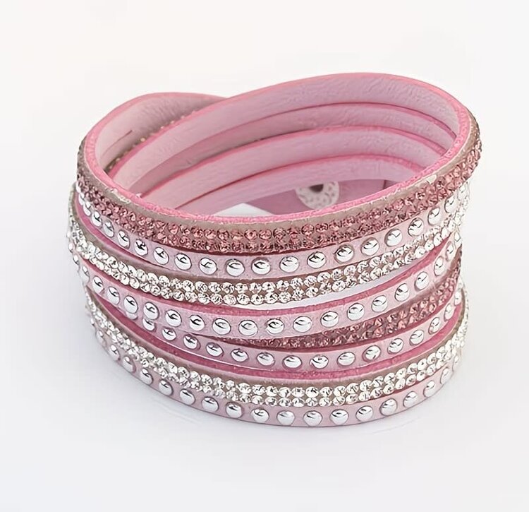 Pink - Multi layer Faux Leather Bracelet with Sparkling Rhinestones