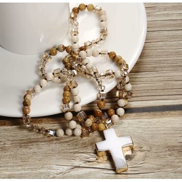 Boho Beige Stone Cross Pendant Necklace