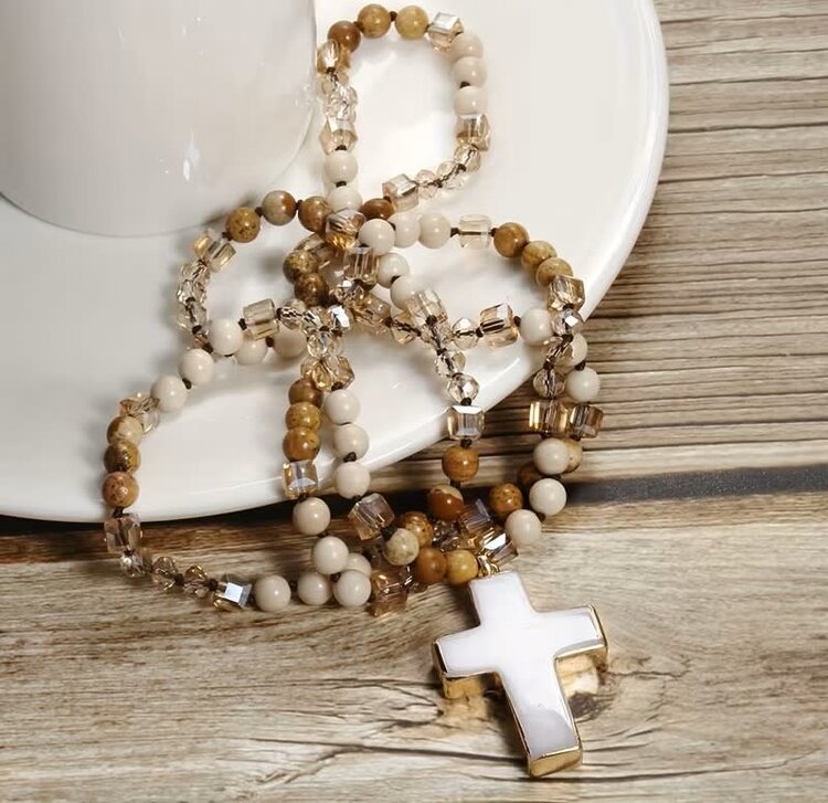 Boho Beige Stone Cross Pendant Necklace