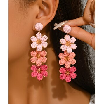 Raffia  3 Flower Drop Earrings Pink