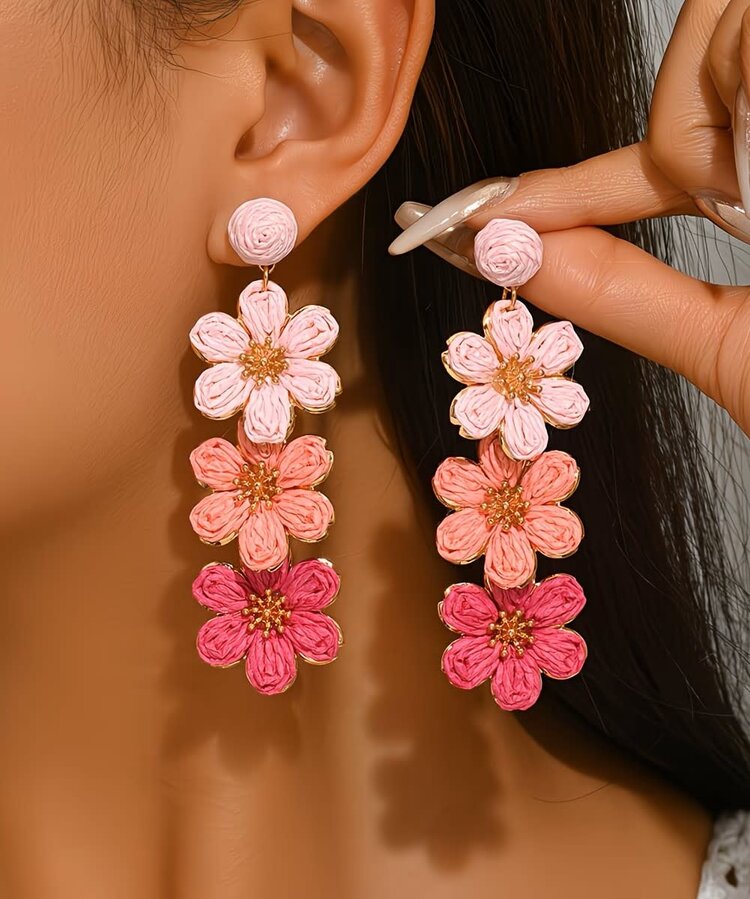 Raffia  3 Flower Drop Earrings Pink