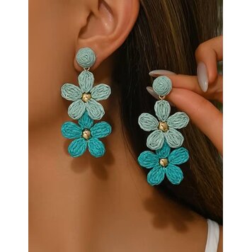 Raffia Drop Earrings Blue 2 Flowers