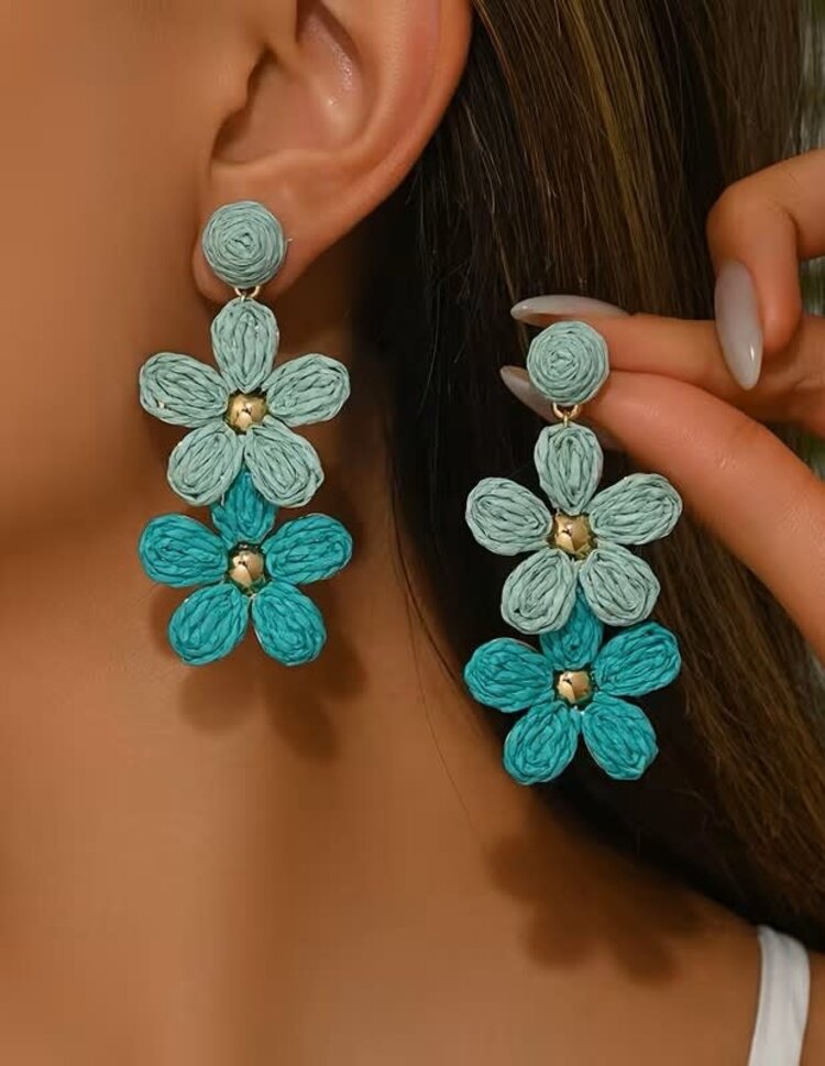 Raffia Drop Earrings Blue 2 Flowers