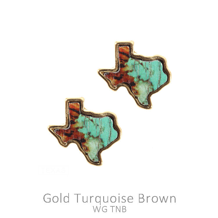 Sammi Trading Semi Wood Texas State Map Earring Gold Turquoise Brown