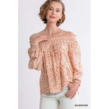 Umgee Animal Border Print Long Sleeve Off Shoulder Top with Smocked Cuff Detail