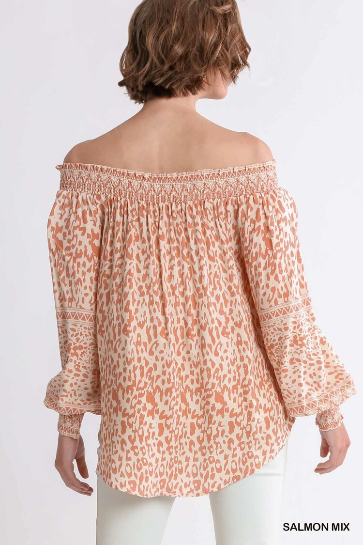Umgee Animal Border Print Long Sleeve Off Shoulder Top with Smocked Cuff Detail