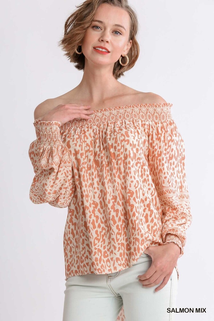 Umgee Animal Border Print Long Sleeve Off Shoulder Top with Smocked Cuff Detail
