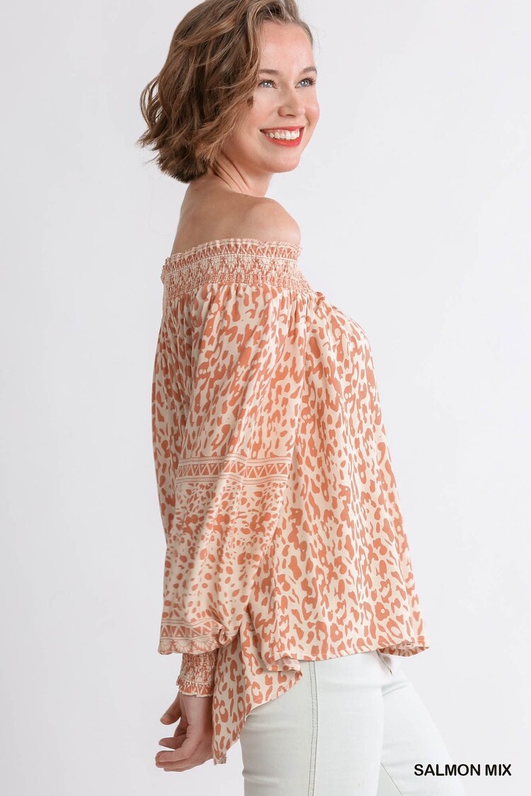 Umgee Animal Border Print Long Sleeve Off Shoulder Top with Smocked Cuff Detail