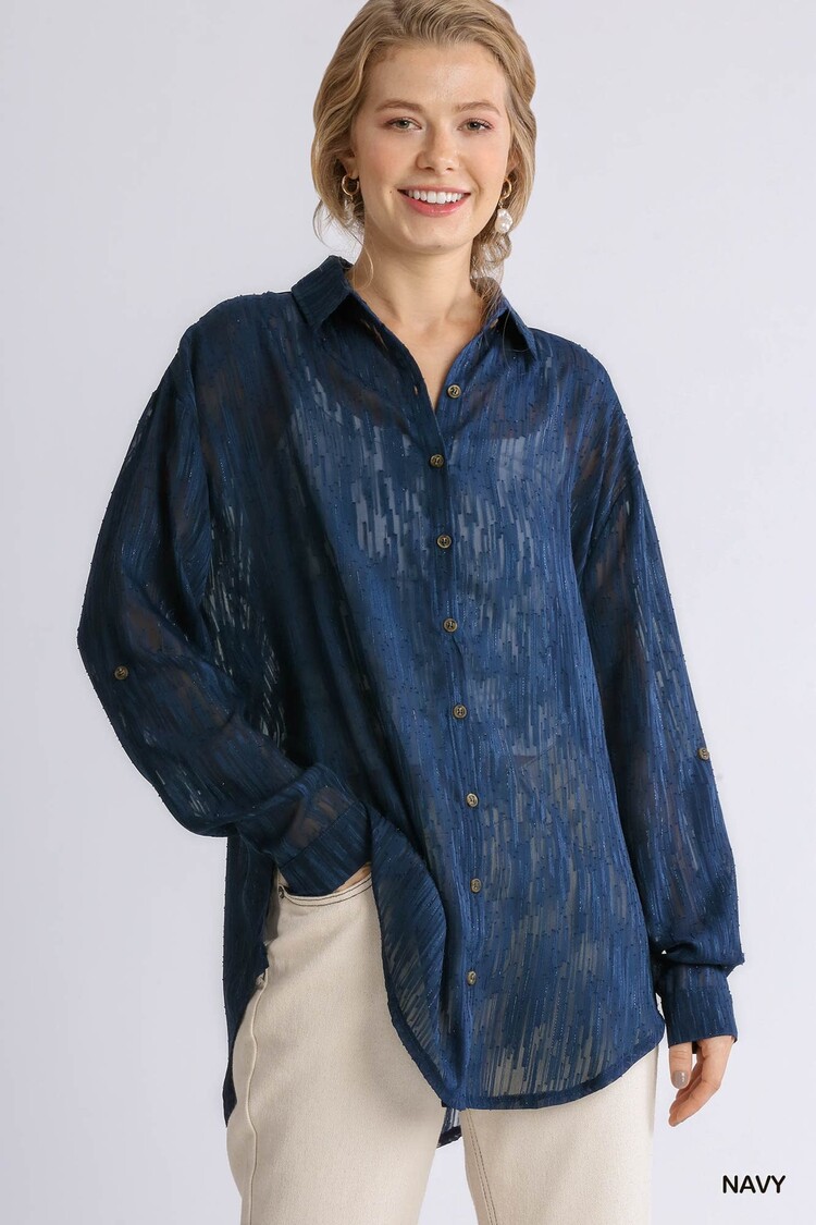 Umgee Sheer Collared Button Up Long Sleeve Metallic Line Chiffon Tunic Top with High low Hem