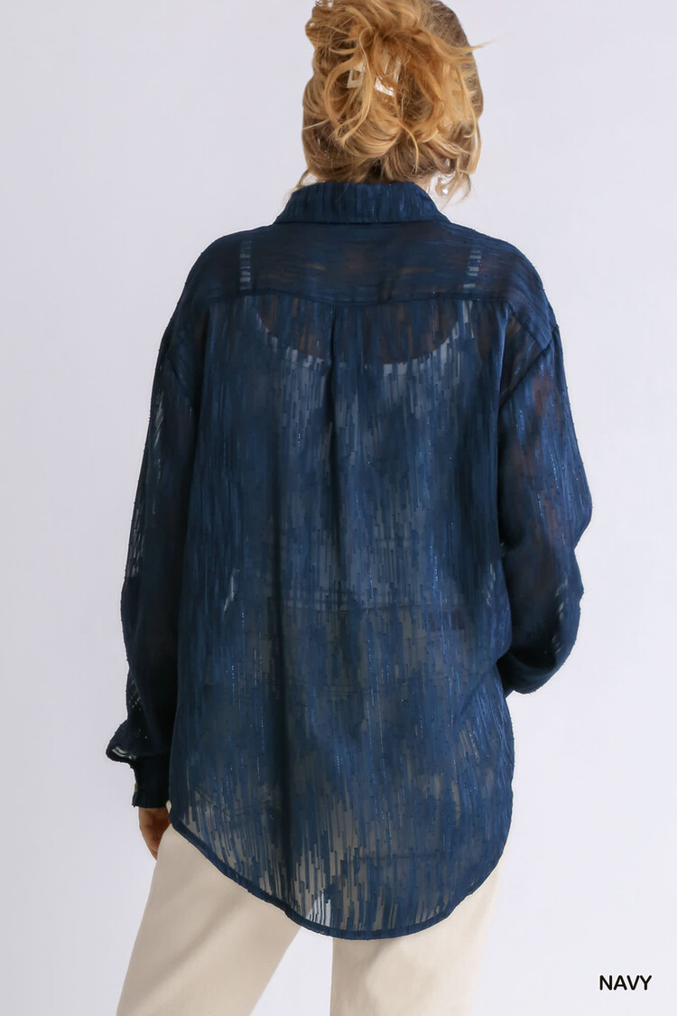 Umgee Sheer Collared Button Up Long Sleeve Metallic Line Chiffon Tunic Top with High low Hem