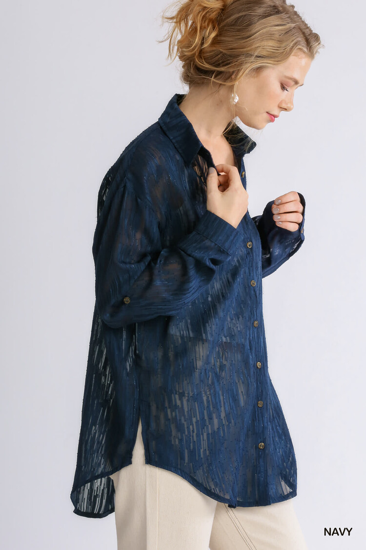 Umgee Sheer Collared Button Up Long Sleeve Metallic Line Chiffon Tunic Top with High low Hem