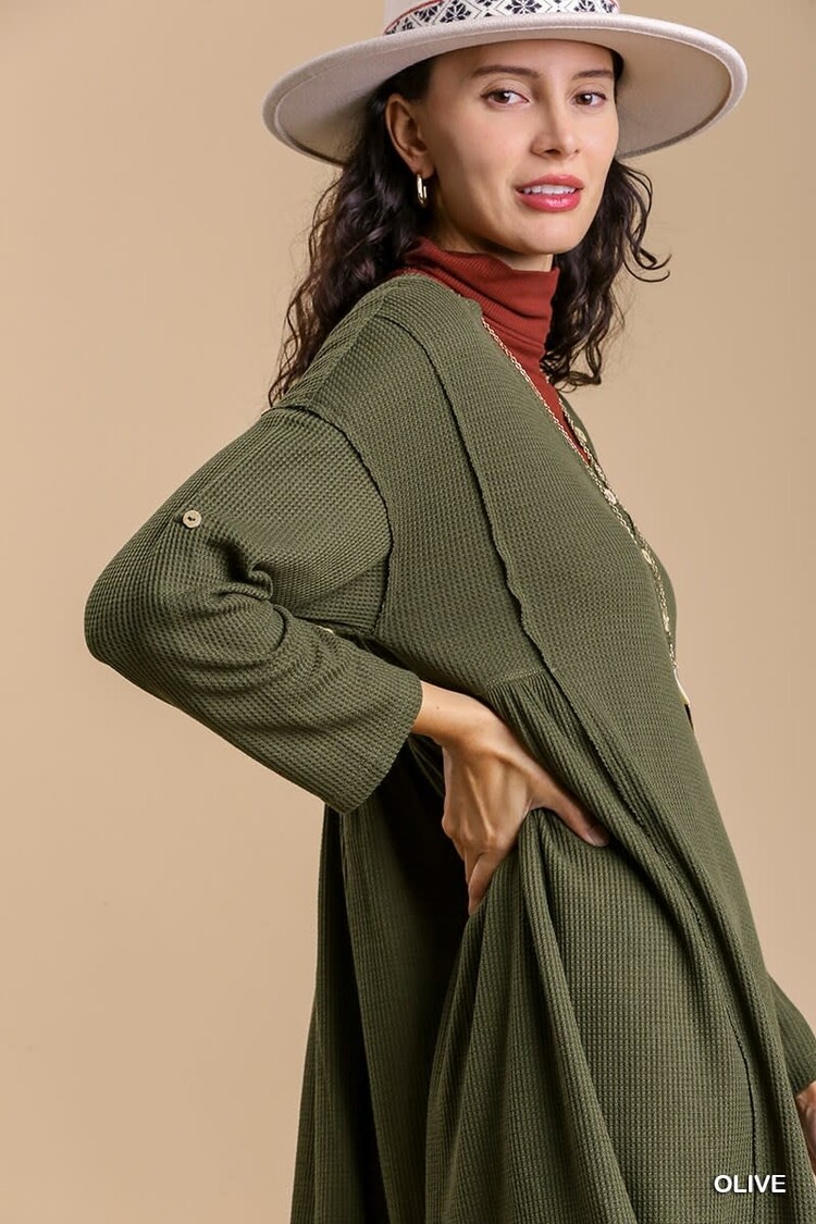 Umgee Boatneck V-Neck Tunic Dress Adjustable Sleeve Button with No Lining