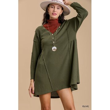 Umgee Olive Boatneck V-Neck Tunic Dress