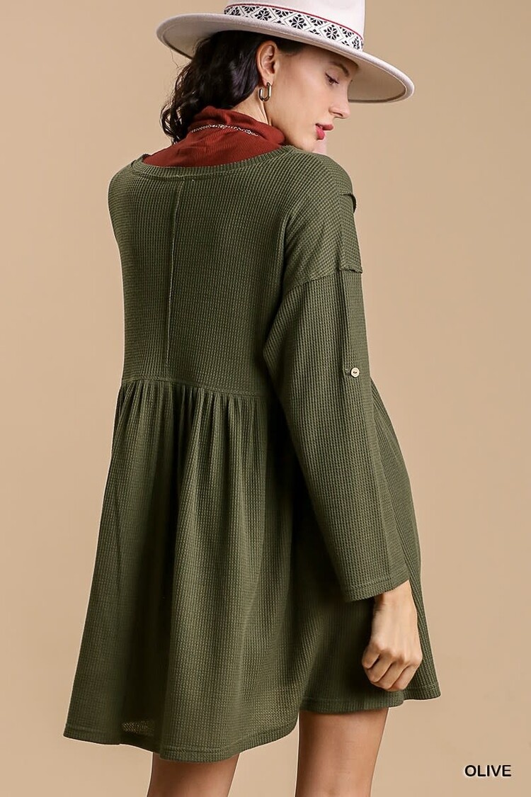 Umgee Boatneck V-Neck Tunic Dress Adjustable Sleeve Button with No Lining