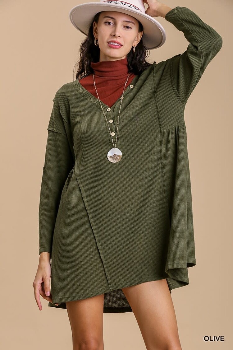 Umgee Boatneck V-Neck Tunic Dress Adjustable Sleeve Button with No Lining