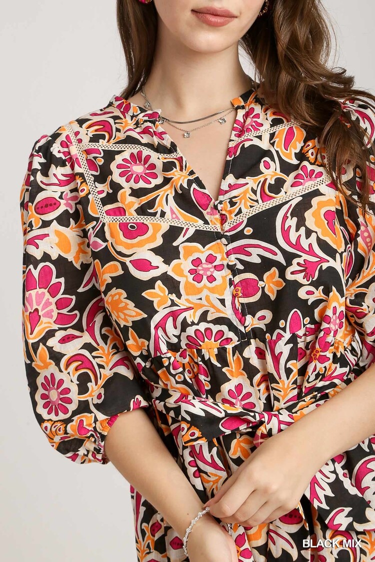Umgee Mixed Print A-Line Mini Dress with Trim Details, Adjustable Belt, & 3/4 Sleeves