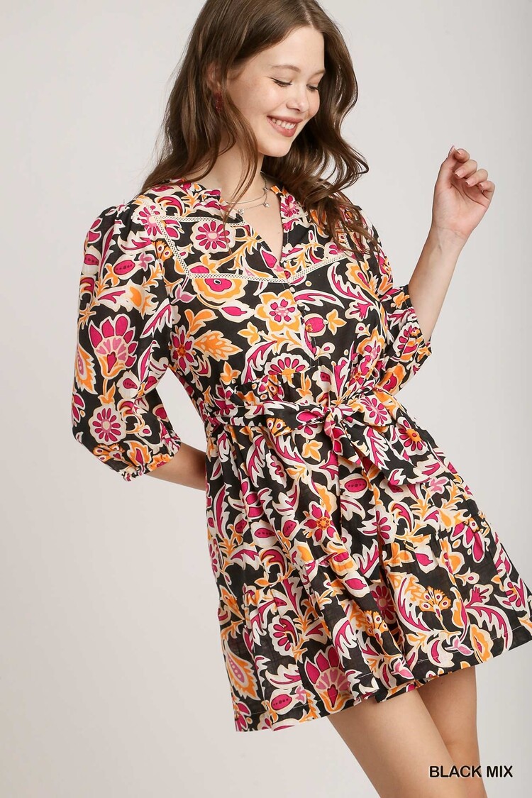 Umgee Mixed Print A-Line Mini Dress with Trim Details, Adjustable Belt, & 3/4 Sleeves