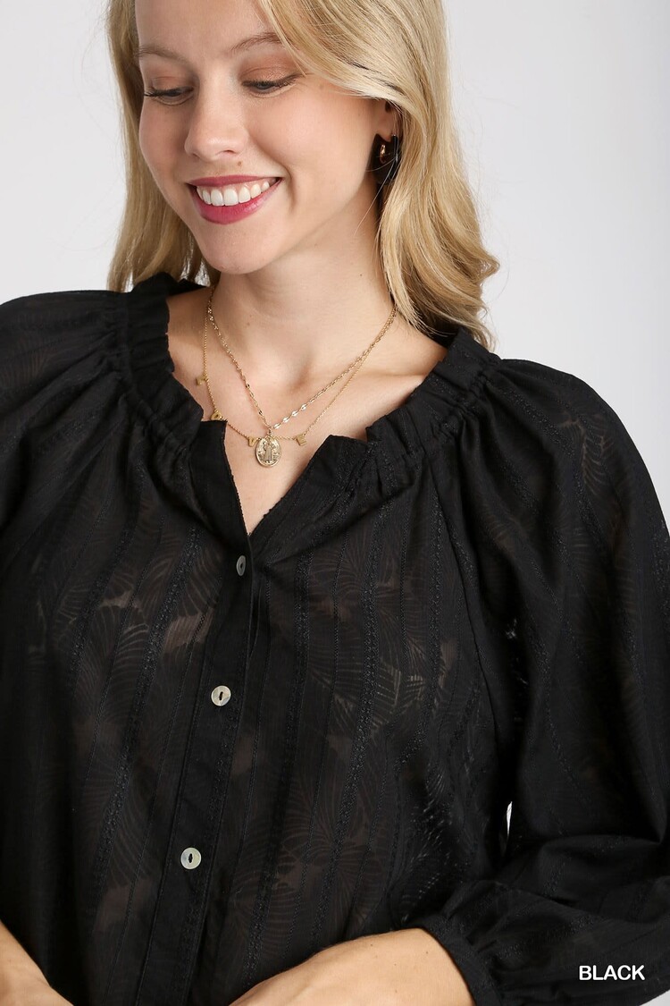 Umgee Jacquard Fabric Boxy Cut Button Down Ruffle Neckline Top