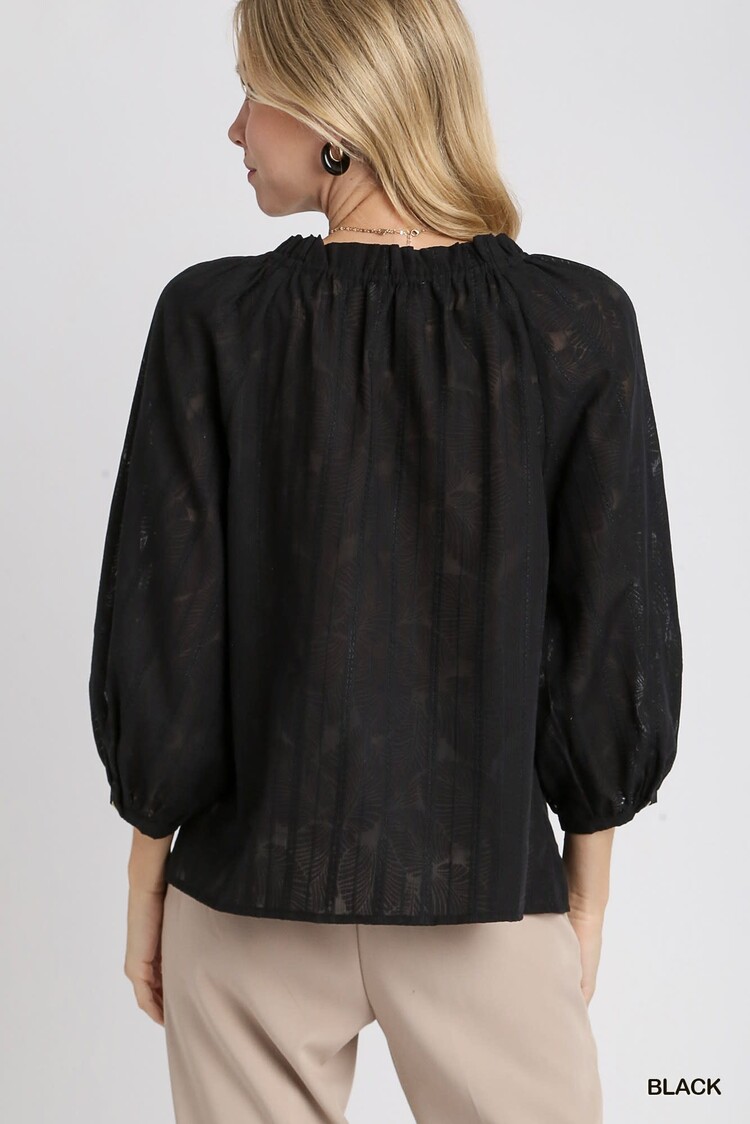 Umgee Jacquard Fabric Boxy Cut Button Down Ruffle Neckline Top