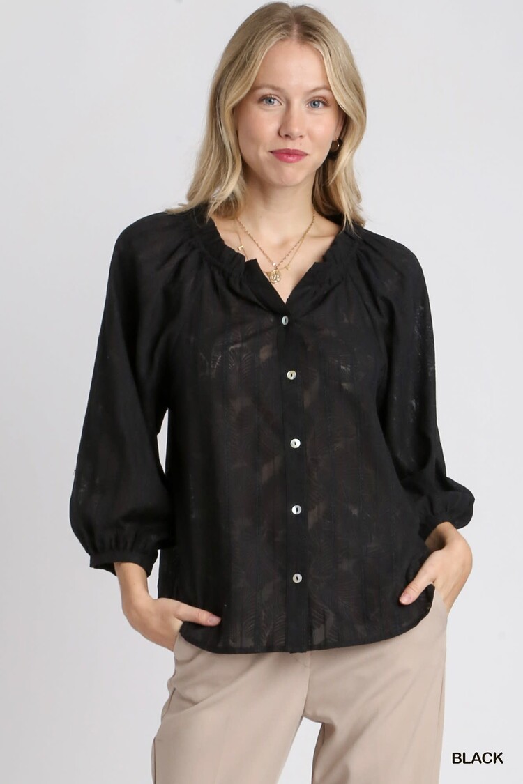 Umgee Jacquard Fabric Boxy Cut Button Down Ruffle Neckline Top