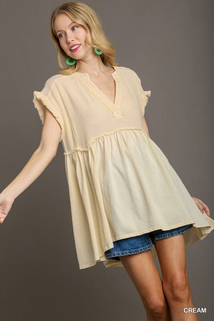 Umgee Cotton Gauze Knit Mix Baby Doll Split Neck Tunic  & Frayed Hem