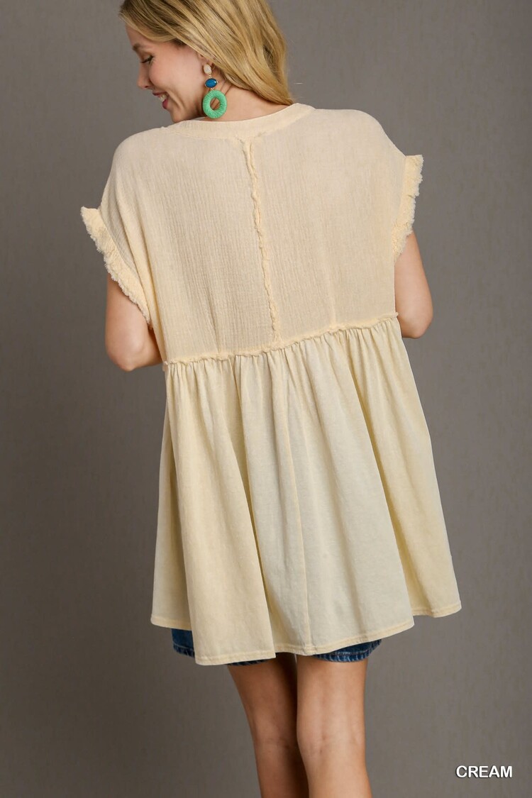 Umgee Cotton Gauze Knit Mix Baby Doll Split Neck Tunic  & Frayed Hem