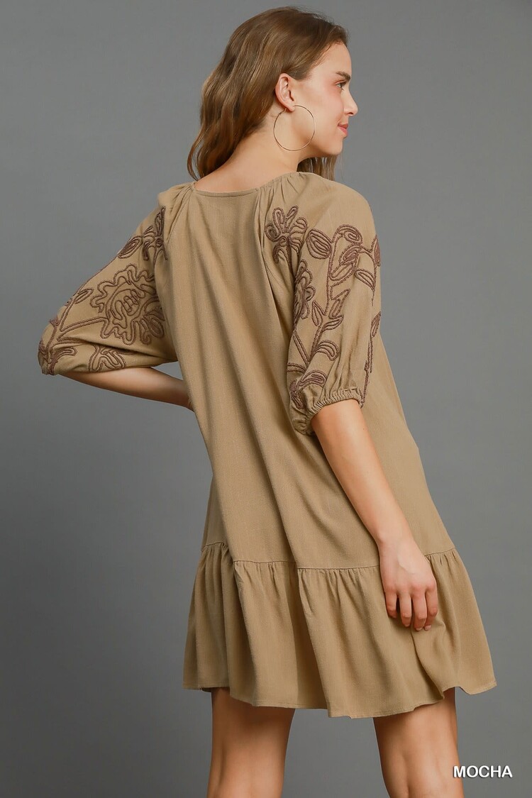 Umgee Linen Blend Embroidered Mini Dress