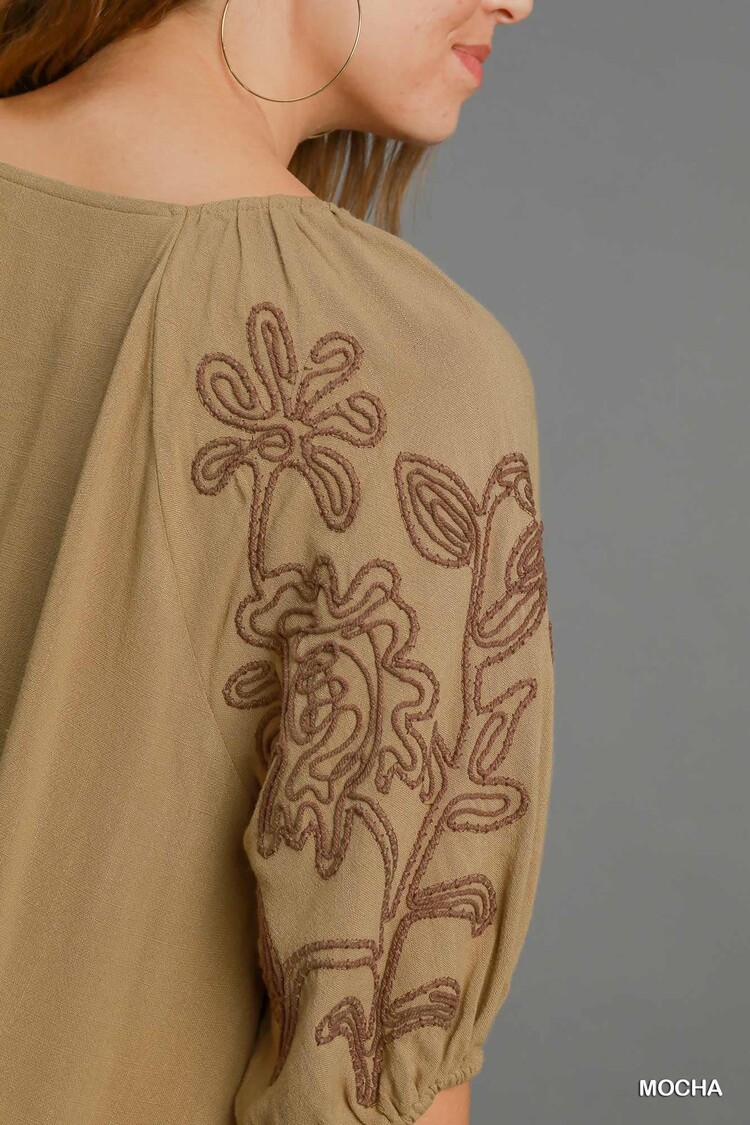 Umgee Linen Blend Embroidered Mini Dress