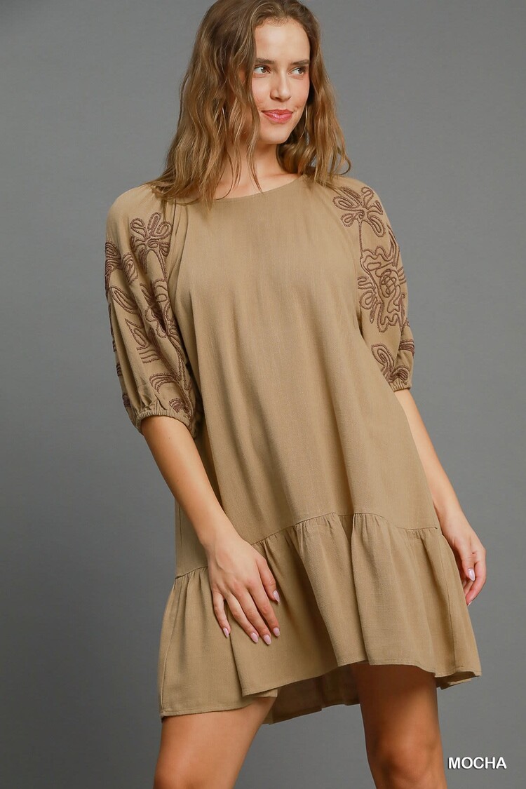 Umgee Linen Blend Embroidered Mini Dress