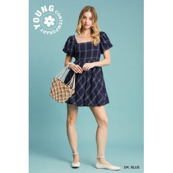Umgee Blue Puff Sleeve Plaid Mini Dress