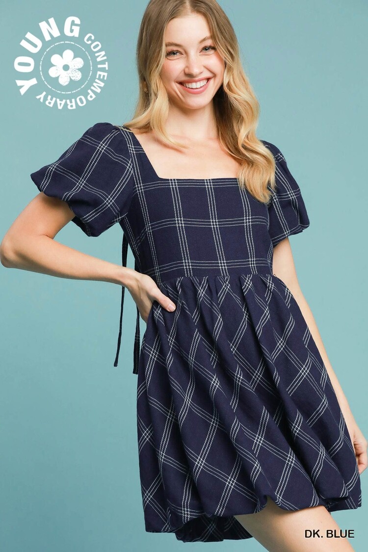 Umgee Puff Sleeve Plaid Mini Dress
