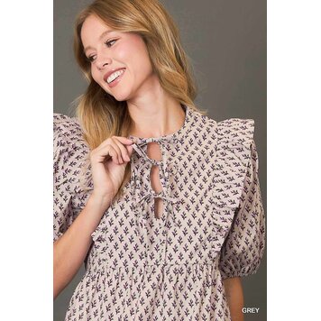 Umgee Abstract Print Top with Purple Accents and Ribbon Tie Details