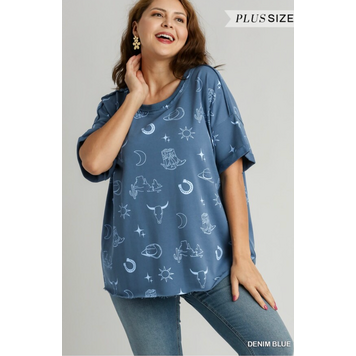 Umgee Denim Blue Boxy Cut French Terry Top