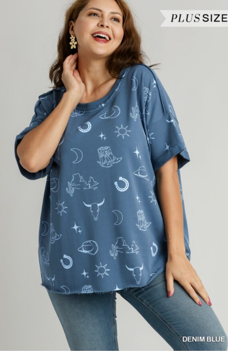 Umgee Denim Blue Boxy Cut French Terry Top