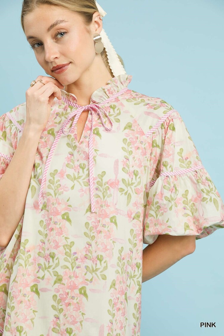 Umgee Floral Puffy Sleeves Mini Dress