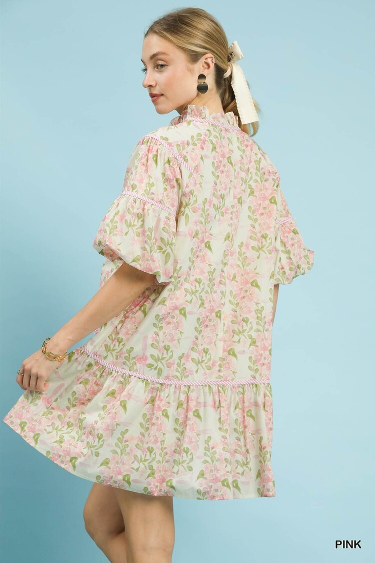 Umgee Floral Puffy Sleeves Mini Dress