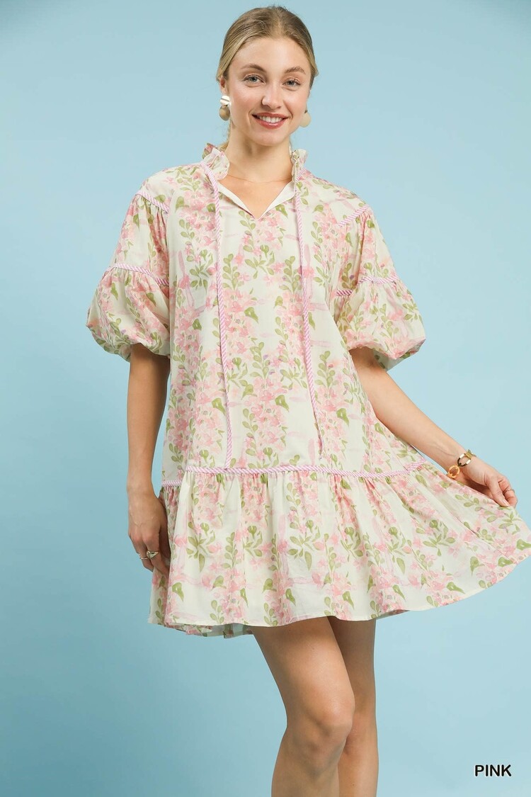 Umgee Floral Puffy Sleeves Mini Dress