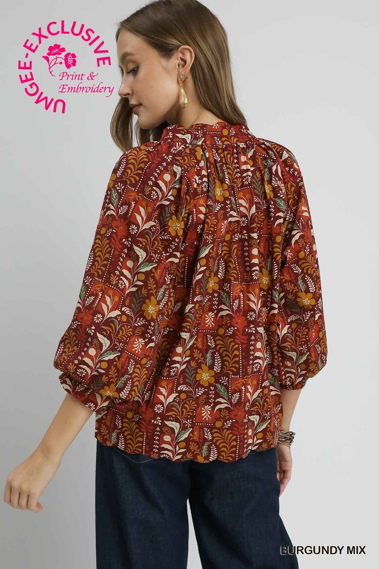 Umgee Floral Print Scallop Hem Blouse