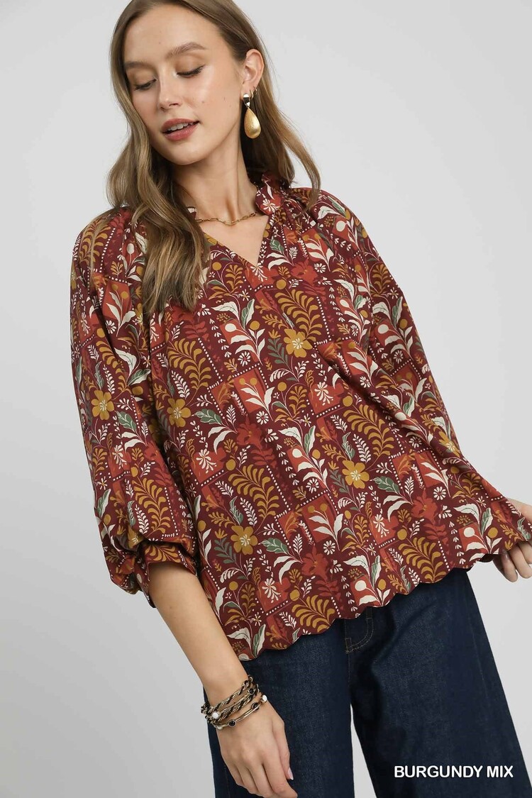 Umgee Floral Print Scallop Hem Blouse